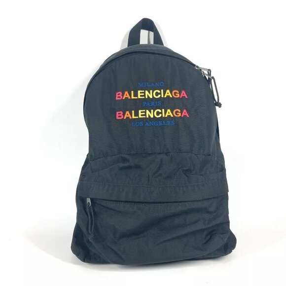 Auth BALENCIAGA 503221 Explorer logo backpack bag Backpack Nylon Black/Multicolo - Picture 1 of 16